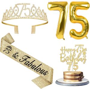 75th Birthday Decorations - Women's Sash & Tiara, Cake Toppers, Number 75 Candles, Gold Balloons, Party Gifts