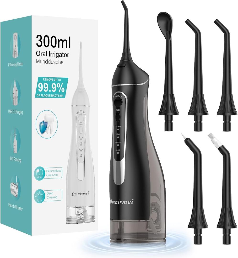 Water Dental Flossers for Teeth, 300ML Cordless Portable Electric Water Flosser, 4 Modes Oral Irrigator, Waterproof Rechargeable Water Floss for Deep Cleaning, Plaque Remover, Braces Home Travel Use (Black)
