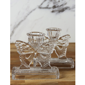 Pair Vintage Butterfly Candle Stick Holders Clear Pressed Glass Pattern Art Deco Bagley 3003, 3 Pieces