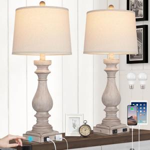 29" Tall Table Lamp for Living Room Set of 2,Vintage Bedside Nightstand Lamps with USB C+A Ports & AC Outlet,3-Way Dimmable Touch Control White Washed Finish Desk Lamp for Bedroom,Color 2
