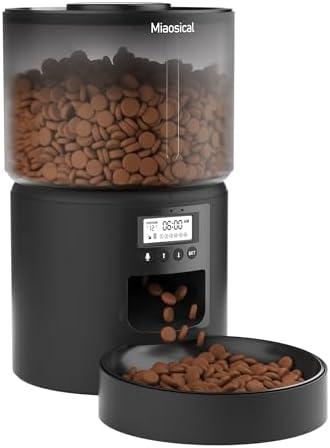 Miaosical Automatic Cat Feeder,3.6L Flexible Schedule Timer,6 Meals/Day,1-12 Portions/Meal,Dual Power Auto Feeder Dry Food Dispenser with Voice Record,for Cats & Small Dogs (Black, Basic Bowl)