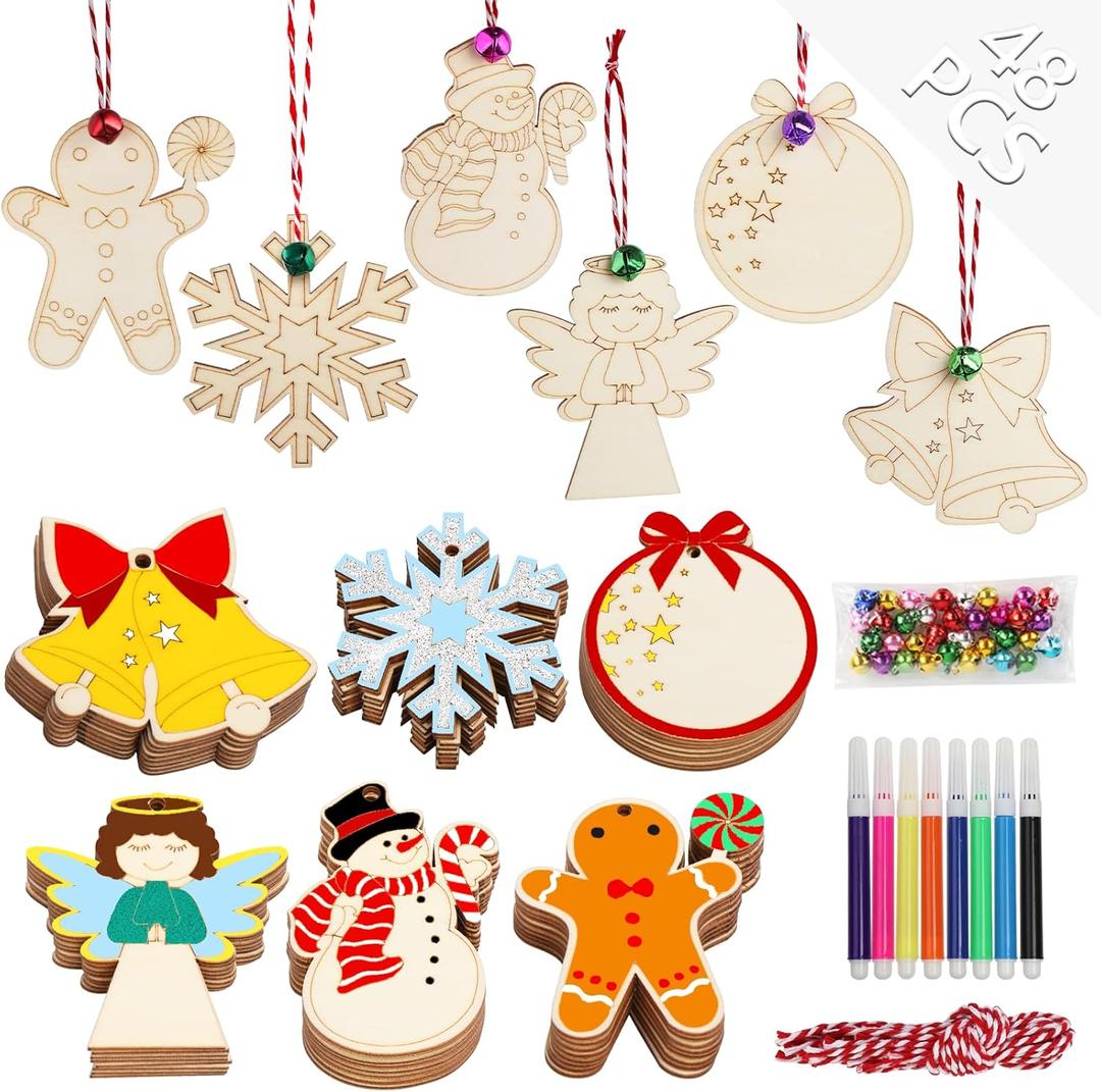 OurWarm 48pcs Wooden Christmas Ornaments, 6 Styles Unfinished Wood Slice Ornaments, DIY Christmas Ornaments Set with Bells, Colored Markers and Ropes, for DIY Craft Making and Christmas Tree Ornaments
