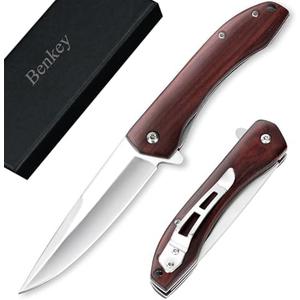 Benkey Folding Pocket Knife, Sharp and Solid D2 Blade Wood Handle, Flipper Camping Folding Knife with Liner Lock Good for EDC Outdoor Survival Camping Collection