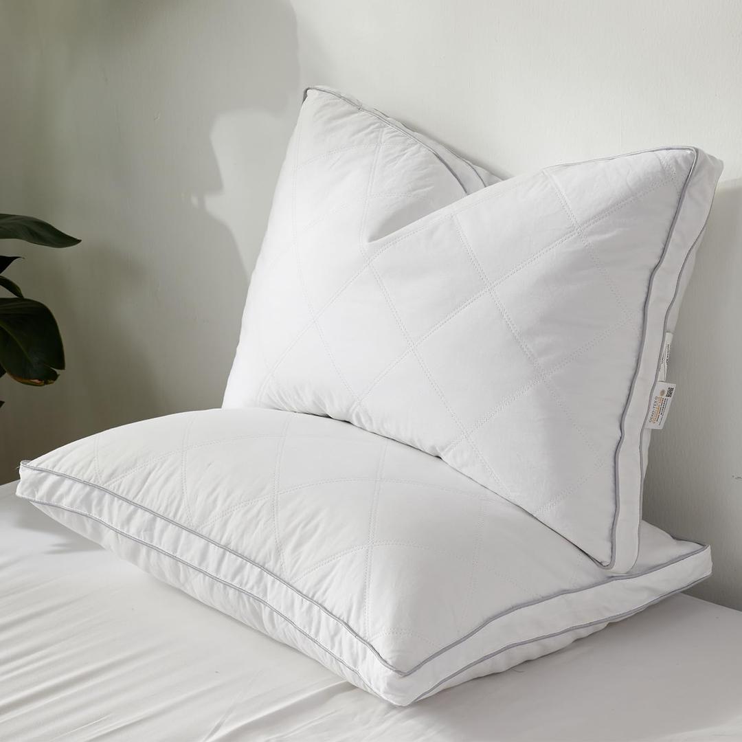 Dreamhood Luxury Goose Feather Down Pillow Queen Size Set of 2 - Made in USA Gusseted Hotel Bed Pillows with Premium 500 TC Cotton, Medium Firm Feather Down Pillow for Back (1.5"gussted White)