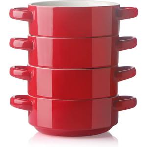 Sweejar Ceramic Soup Bowls with Double Handles, 20 Oz Stacked Bowls for French Onion Soup, Cereal, Pot Pies, Stew, Chill, Pasta, Set of 4 (Red)