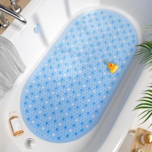 HITSLAM Oval Bathtub Mat Non Slip, 27x15 Inch Bubble Bath Tub Mat for Bathroom, Machine Washable Shower Mat with Suction Cups and Drain Holes, Blue
