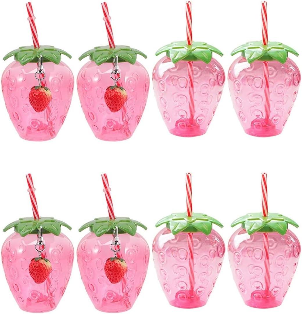 DOITOOL Strawberry Cups with Lids and Straws 8 Pcs Plastic Drinkware Set for Kids Girls Party Pool Birthday Summer Events Decorative Tumblers 2 Packs