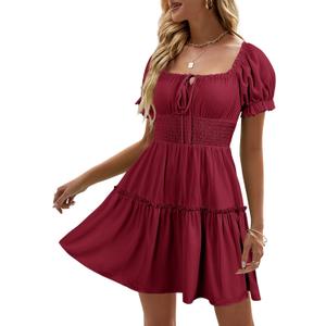 Heysolo Womens Boho Floral Smocked Square Neck Short Sleeve Ruffle Beach Summer Mini Dress (Small, Z1 Wine Red)