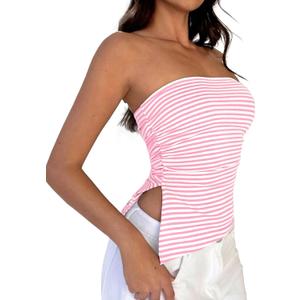 Cioatin Women Y2K Strapless Striped Asymmetric Bandeau Tube Top Sleeveless Slim Fit Slit Summer Going Out Crop Tank Aesthetic Pink (S)