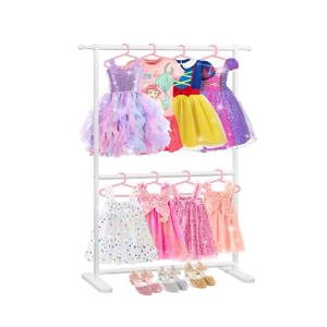 Bamboo Kids Clothing Rack with Dual Poles, Child Dress Up Rack, Clothing OrganizerRack, Small GarmentRack, Perfect for Costumes and Accessories (White)