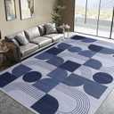 Large Machine Washable 8x10 Area Rug, Soft Modern Geometric Abstract Blue Rugs for Bedroom Living Room, Non-Shedding Faux Wool Indoor Throw Floor Carpet for Office Entryway Dining Room Decor