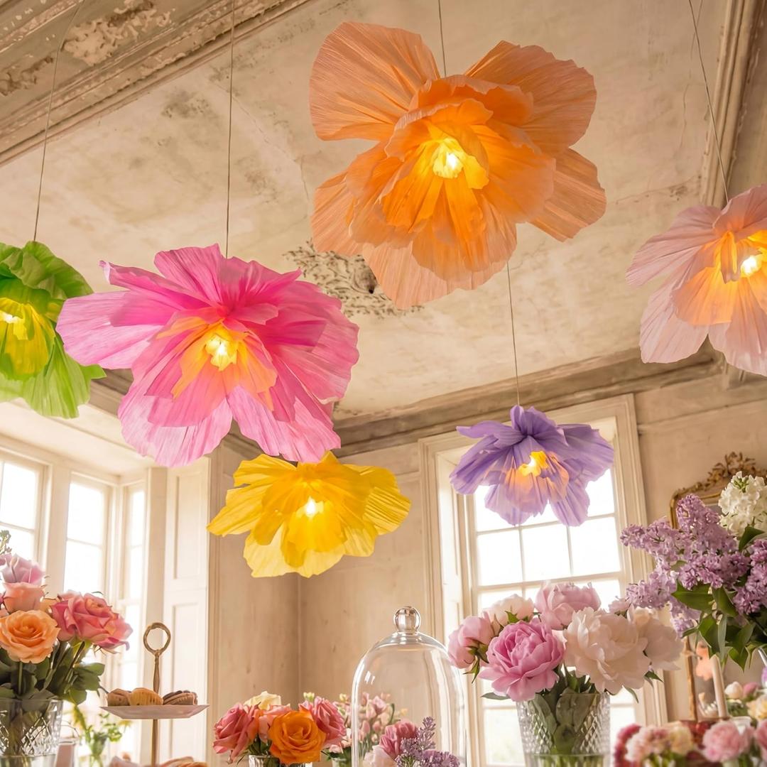VIHOSE 6 Pcs Large Flower Paper Lanterns Tea Party Decorations 15.7 Inch Tissue Paper Flower with LED Lights for Spring Fancy Party Decor Floral Pendant Lamps for Tea Garden Wedding Bridal Baby Shower