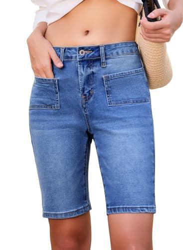 Sidefeel Womens Jean Shorts High Waisted Stretchy Buttoned Knee Length Bermuda Denim Shorts Dark Blue Size 12