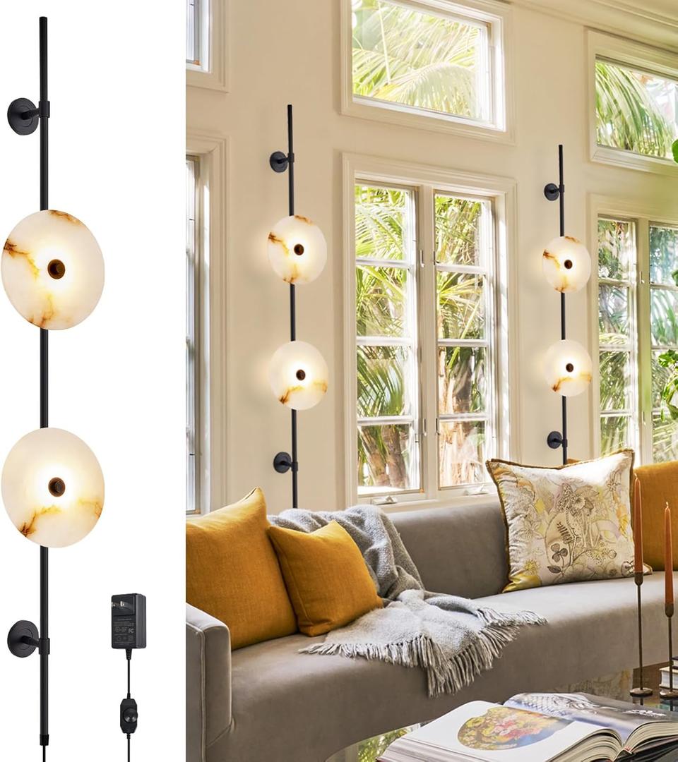Alabaster Wall Sconce,8W Round Natural Marble Plug in Wall Sconce Lamp Cord with Knob Dimmer Switch, Indoor LED Modern Wall Lamp for Bedroom, Stairs, Living Room, Bedside, Hallway (Black) (1 Pack)
