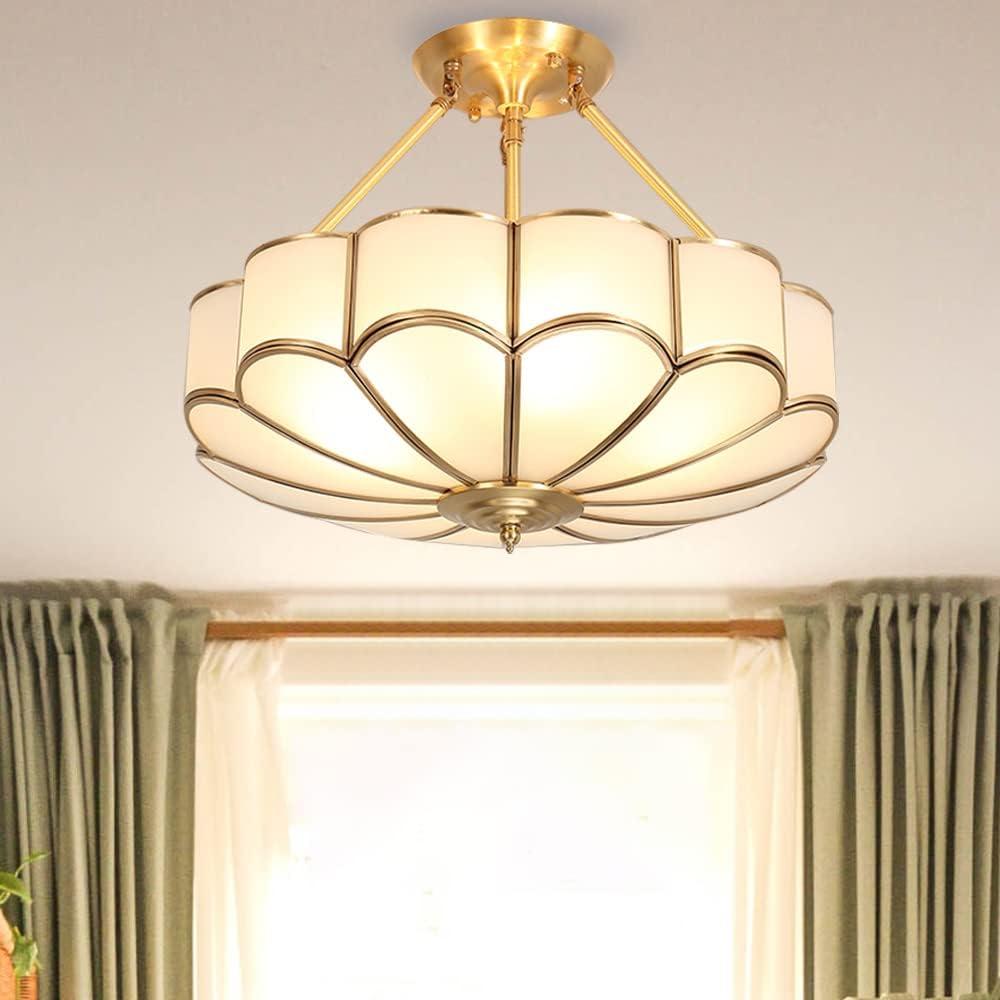 Brass Semi-Flush Mount Ceiling Light, Elegant Glass Ceiling Light Fixture for Living Room Hall Bedroom, 17.7"