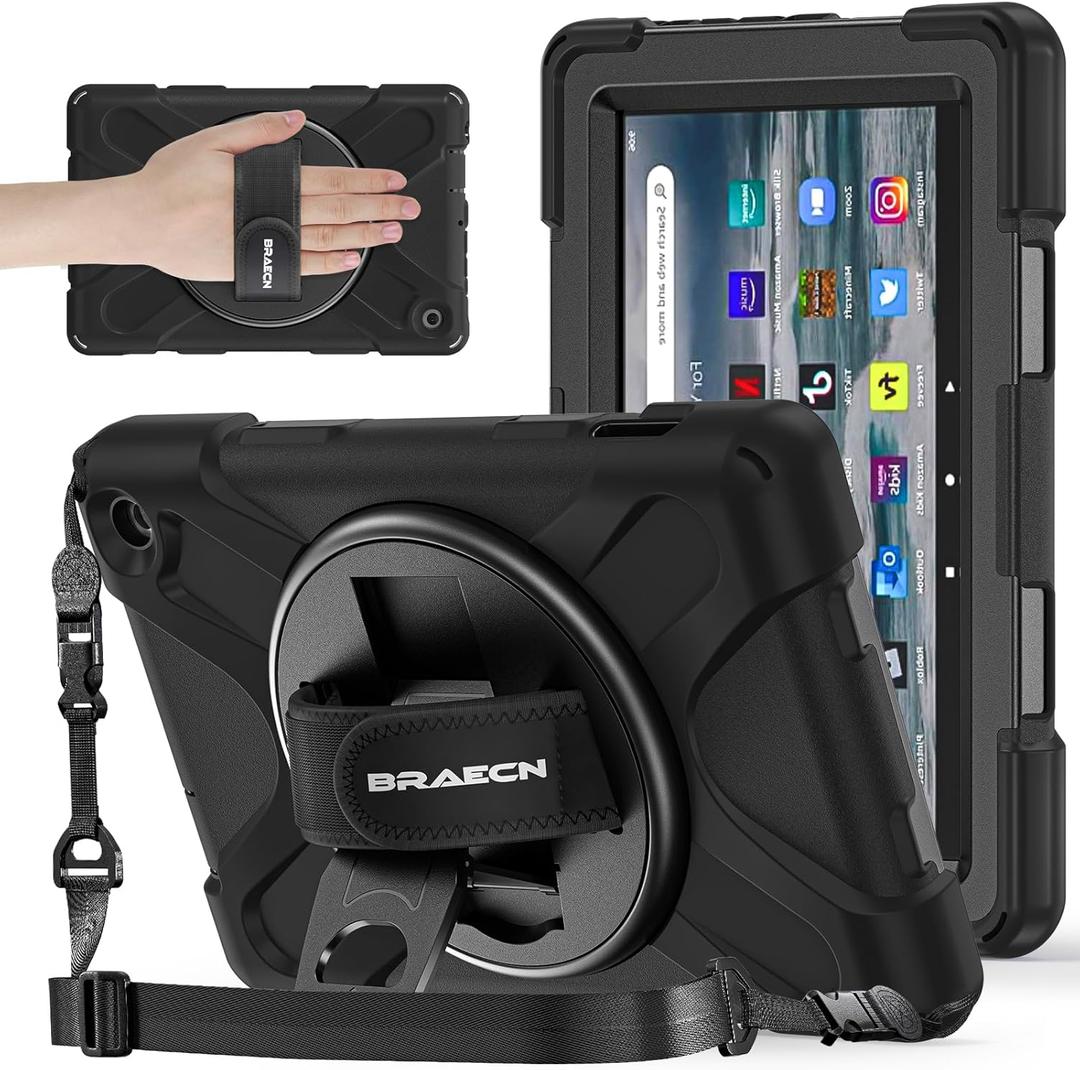 BRAECNstock for Amazon Fire 7 Tablet Case (12th Generation 2022 Release) 7" Shockproof Protective Kids Case with [Rotating Hand Strap] & Stand, Pen Holder, Shoulder Strap, Black