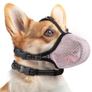 Dog Muzzle,Mesh Soft Muzzle for Small Medium Large Sized Dogs, Breathable Reflective Adjustable Puppy Muzzles with Collar for Scavenging Grooming Biting Chewing,Allows Panting and Drinking White S