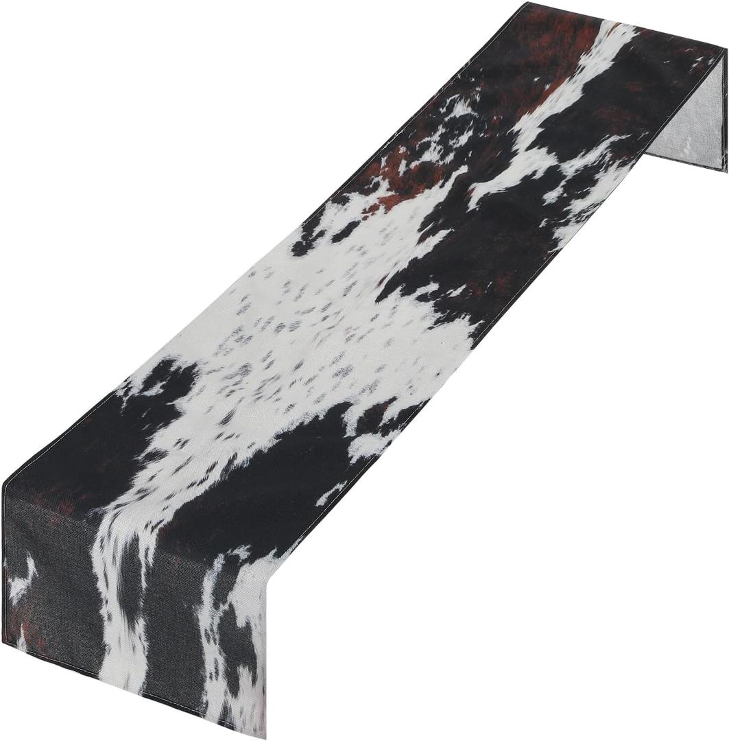 Cow Print Table Runner Cotton Linen Rustic Animal Skin Pattern Art Country Farmhouse Cottage Table Decoration Western Style Cowhide Print Dinner Runner for Home Living Kitchen Dining (72 x 13 inches)