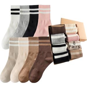 Womens Vintage Cotton Cozy Crew Socks,Striped Athletic Casual Socks for Women 8 Pairs,Gifts Box