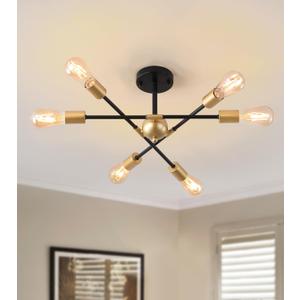 Modern Semi Flush Mount Ceiling Light Fixture Black and Gold Close to Ceiling Light 6-Light Sputnik Chandelier Light Fixture for Hallway Entryway Bedroom Kitchen Dining Room UL Listed