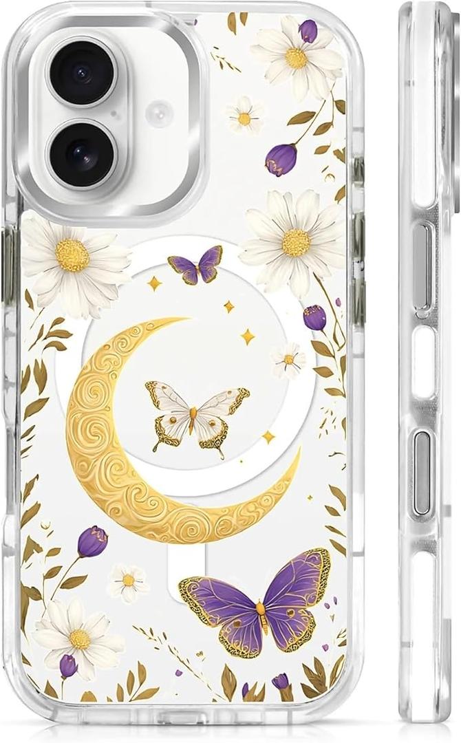 for iPhone 17 Case, Clear with Moon Butterfly Flowers Pattern Compatible with Magsafe Soft Protective Case for Women Girl (White)
