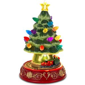 innodept12 Lighted Christmas Tree with Rotating Train - Prelit Tabletop Ceramic Small Tree Decor Animated Christmas Train with Top Star & Bulbs for Best Xmas Decoration