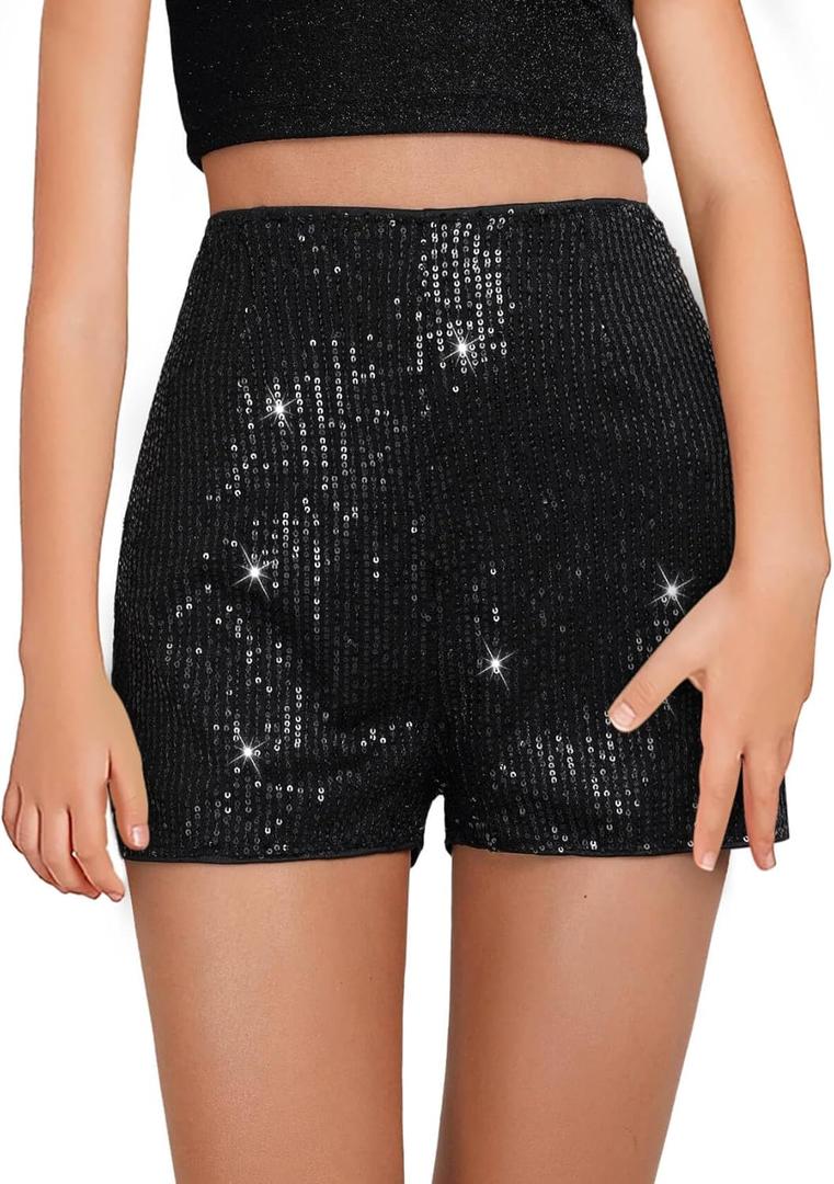 Girls Sequin Shorts Elastic Straight Leg Sparkly Glitter Party High Waist Shorts 5-14 Years (Black)
