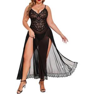 Avidlove Plus Size Lingerie for Women Sexy Lace Babydoll Long Lingerie Dress Side Split Nightgown (XX-Large, Black)