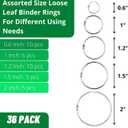Mr. Pen- Loose Leaf Binder Book Rings, 5 Assorted Sizes (0.6", 1", 1.2", 1.5",2"), 36 Pack, Metal Binder Rings for Index Cards, Keychains, School, Home, Office, Silver