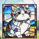 Cat Stained Glass Window Hanging, 7.9" Square Suncatcher with Chain Suction Cup, Cute Kitten Sun Catchers Indoor Window, Colorful Cat Decor for Wall, Porch, Birthday, Tuxedo Cat