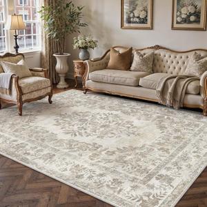 PureCozy 5x8 Area Rug Beige Washable Vintage Distressed Living Room Carpet Large Bedroom Indoor Neutral Medallion Floral Non Slip Retro Throw Floor Mat for Office Dining Room Kitchen Bathroom