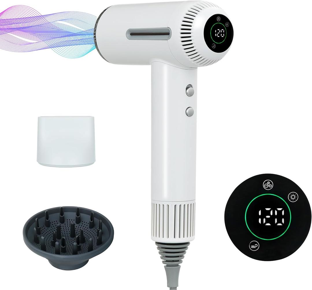 Hair Dryer,7 Temps&31 Modes.Intelligent Temperature Control,LCD Display,Self-Cleaning Mode,Facial Care Mode.1600W RPM Ionic Blow Dryer.Low Noise Thermo-Control Hair Dryer with Diffuser and Nozzle