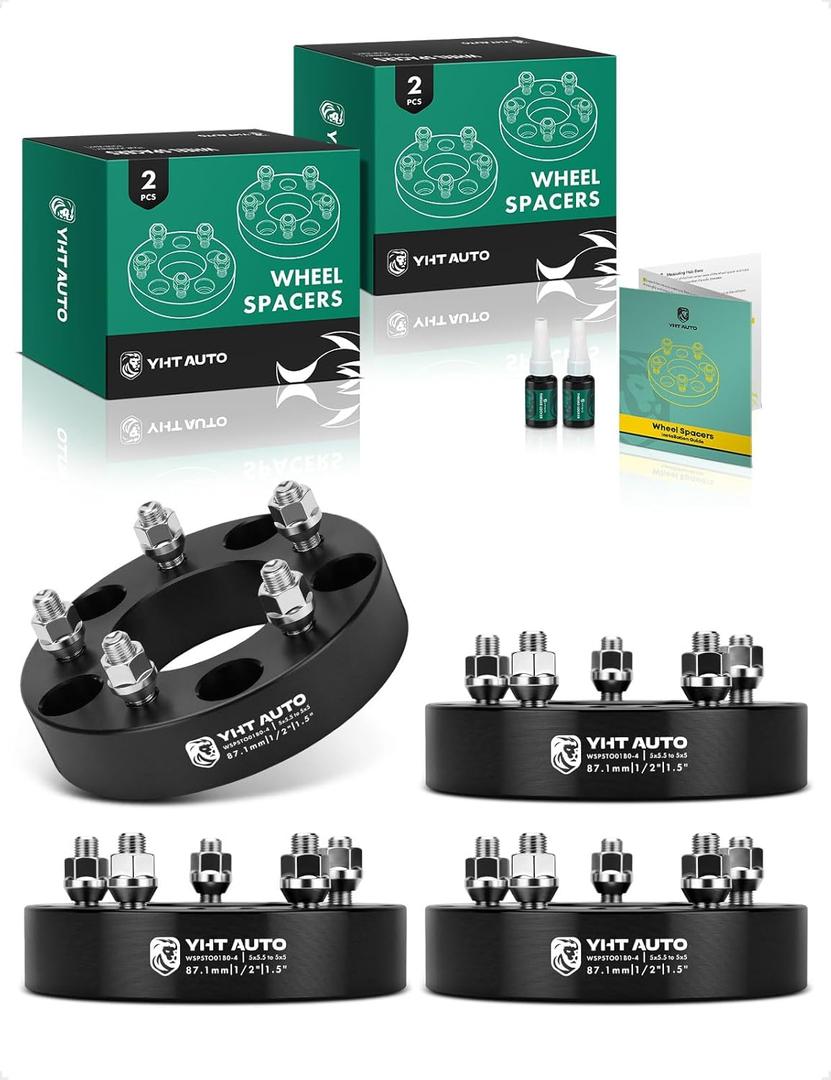 YHTAUTO 5x5.5 to 5x5 Wheel Adapters 1.5 inch Fit Dodge Ram 1500, D150 & Ford E-150 Econoline, F-150, Bronco, 87.1mm Tire Adapters with 1/2 Studs, 5x139.7 to 5x127, 5 Lug Forged Adapters, 4PCS (Black)