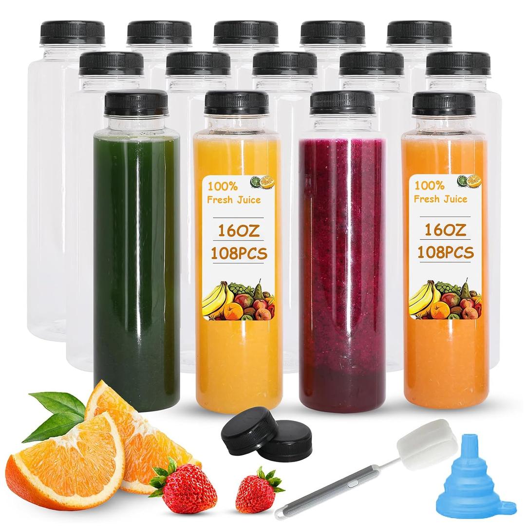 Holotap 108 Pcs 16 OZ Disposable Juice Bottles with Caps Bulk, Empty Plastic Bottles with Black Tamper Evident Lids for Juicing, Protein Drinks and Other Beverage Drink Containers.