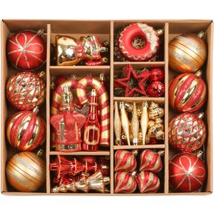 SHareconn 70pcs 2025 Classic Christmas Balls Ornaments Set, Shatterproof Plastic Baubles, Ribbon and Tree Topper for Xmas Tree Holiday Wedding Party Decorations with Hanging Strings, Red and Gold