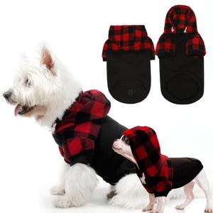 Dog Christmas Hoodie for Small Medium Large Dogs, Fleece Plaid Pet Hooded Clothes Sweater with Hat & Pocket for Cold Weather Winter,Warm Soft Pullover Sweatshirt Coat Outfit for Puppy Girls Boys Red S