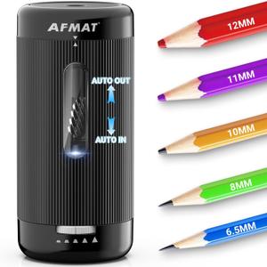 AFMAT Electric Pencil Sharpener, Auto in & Out, 5 Nibs, Fully Automatic Pencil Sharpener for Classroom, Rechargeable Hands-Free Sharpeners for No.2/Jumbo/Colored Pencils (6.5-12mm) PSC3(Black)