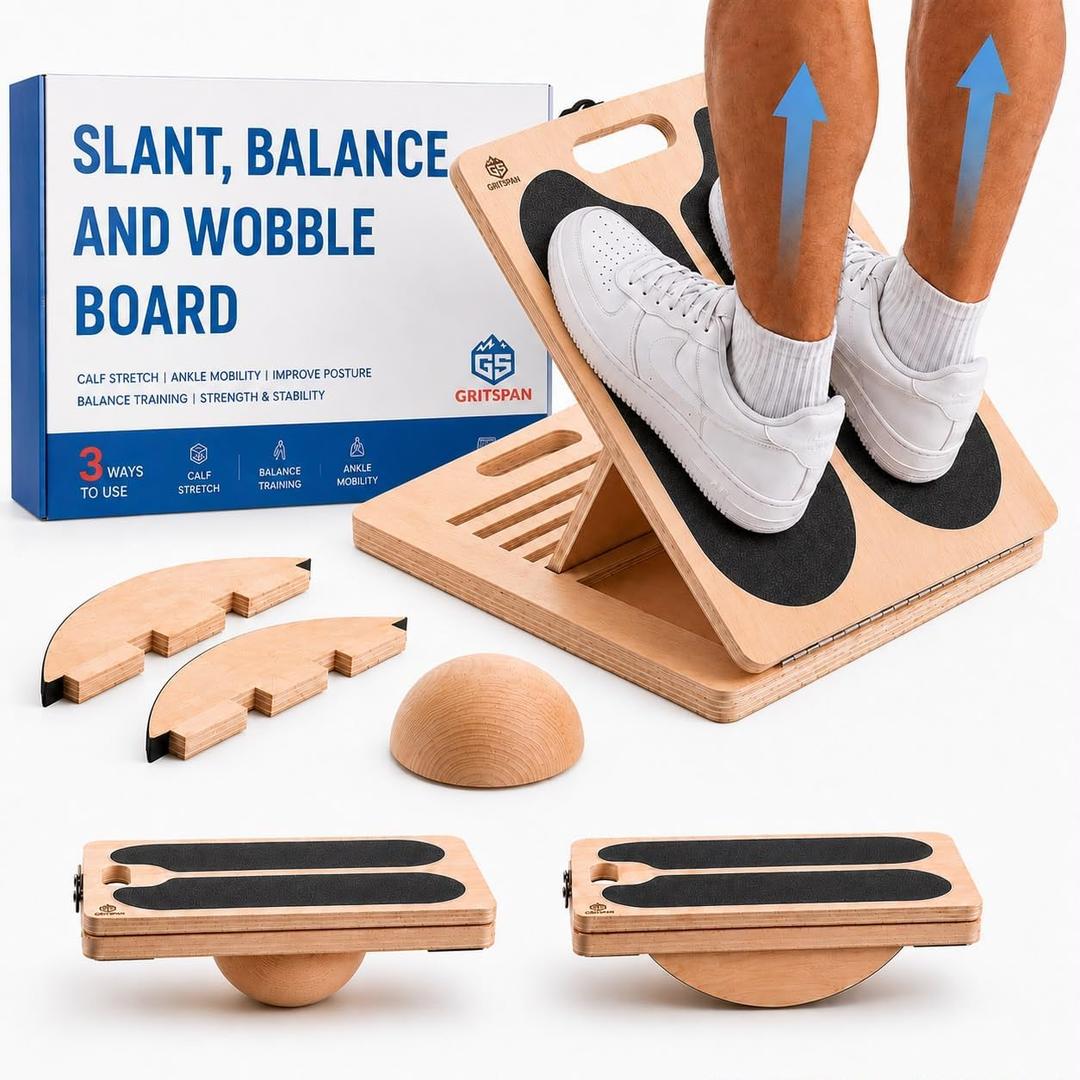 Slant Board for Exercise, 3-in-1 Wooden Calf Stretcher, Rocker Balance Board and 360° Wobble Board, 5 Adjustable Angles, Anti-Slip Surface, Training Poster Included (X-Large), 16*16