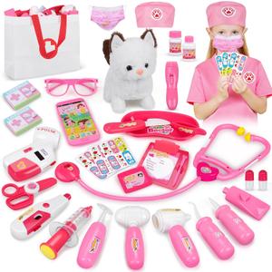 33Pcs Pet Doctor Kit for Toddlers, Pretend Vet Play Set with Cat Toy, Stethoscope, Dress Up Costume & Carrying Bag, Role Play Toys, Christmas Birthday Gifts for Ages 3 4 5-8 Year Old Boys Girls