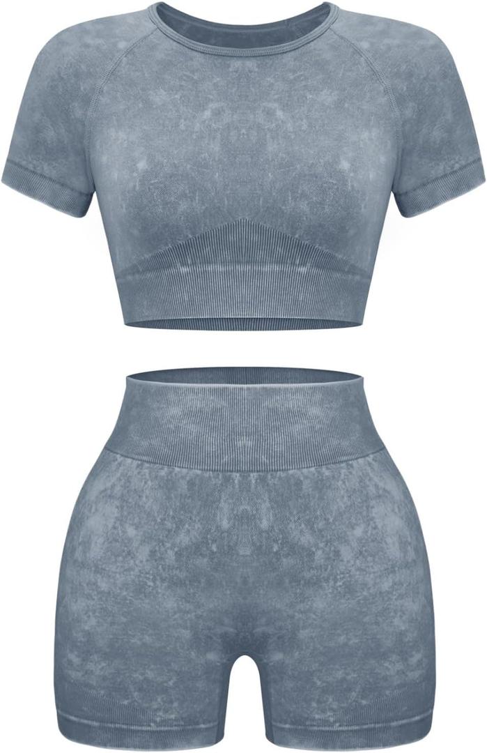 OLCHEE Womens Workout Sets 2 Piece - Seamless Acid Wash Yoga Outfits Shorts and Crop Top Matching Gym Athletic Clothing Set (XX-Large)