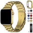 Fullmosa Metal Band Compatible with Apple Watch Bands 45mm 44mm 42mm, iWatch Band with Case for Apple Watch Series 9 8 7 6 5 4 3 2 1 SE3/2/1, Golden