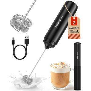 SIMPLETaste Rechargeable Milk Frother Wand Handheld, Dual Coil Whisk Head Drink Mixer, USB-C Electric Whisk with Stainless Steel Whisk for Coffee, Lattes, Cappuccino, Matcha, Hot Chocolate& Creamer, Black