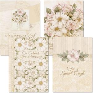 Bouquet Anniversary Wishes Greeting Cards - Set of 8 (4 designs), Large 5" x 7" Wedding Cards with Sentiments Inside, White Envelopes