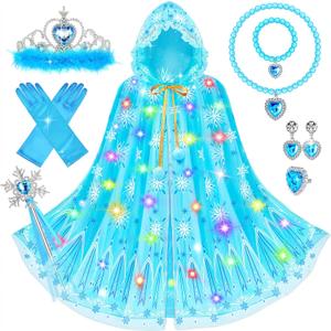 Jeowoqao Princess Dress up for Girls 4-6, Light up Princess Cape with Crown Gloves Princess Toys for Girls 3-6 Halloween