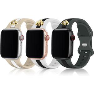 3 Pack Designer Sport Band Compatible with Apple Watch Band 38mm 40mm 41mm Women, Soft Silicone Sport Strap with Bee Decoration Compatible with iWatch Series 9 8 7 6 5 4 3 2 1 SE, WBG 38mm