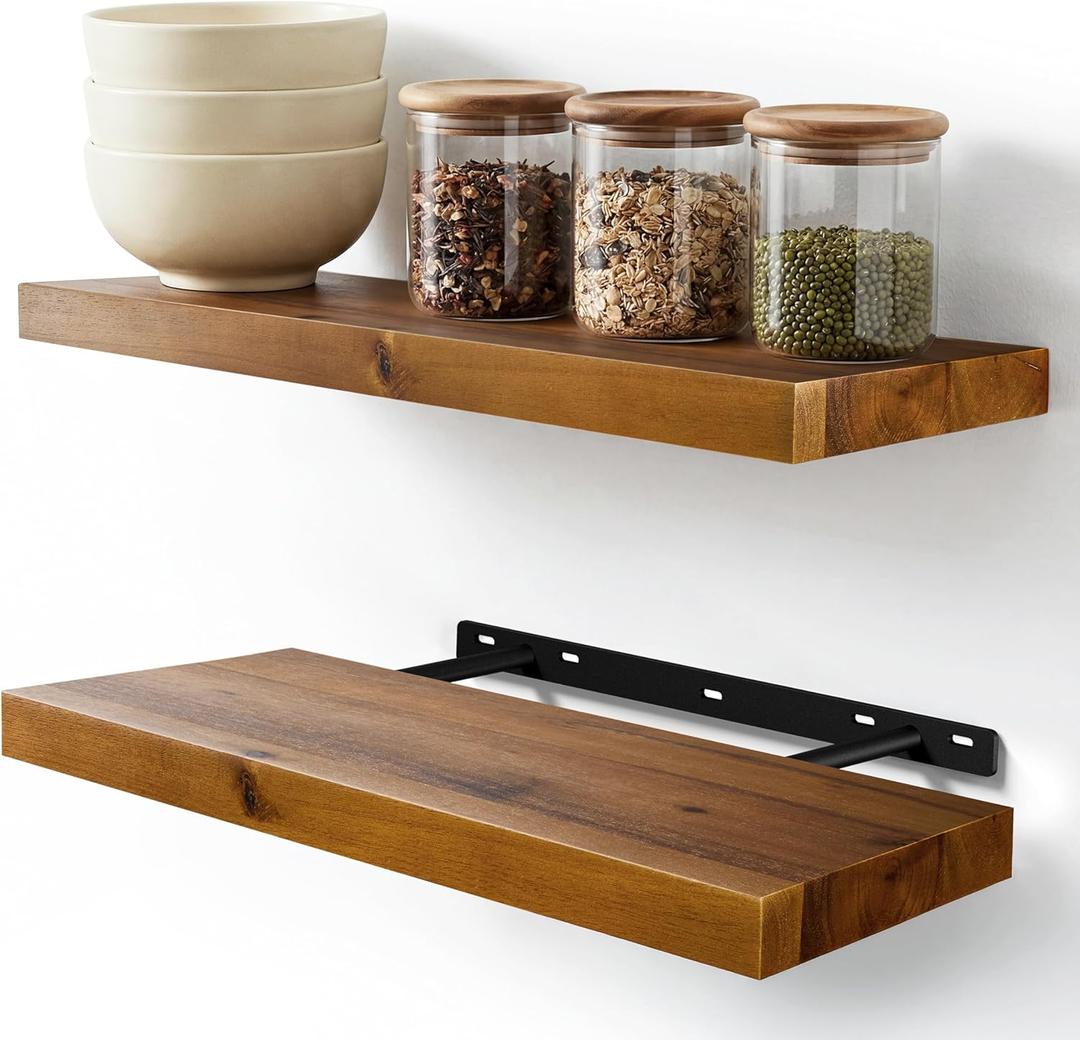 Set of 2 17" Acacia Wood Floating Shelves Wall Mounted – Rustic Farmhouse Wooden Wall Storage Shelf for Bedroom, Kitchen, Home Décor - Brackets and Shelving Mounting Hardware Included