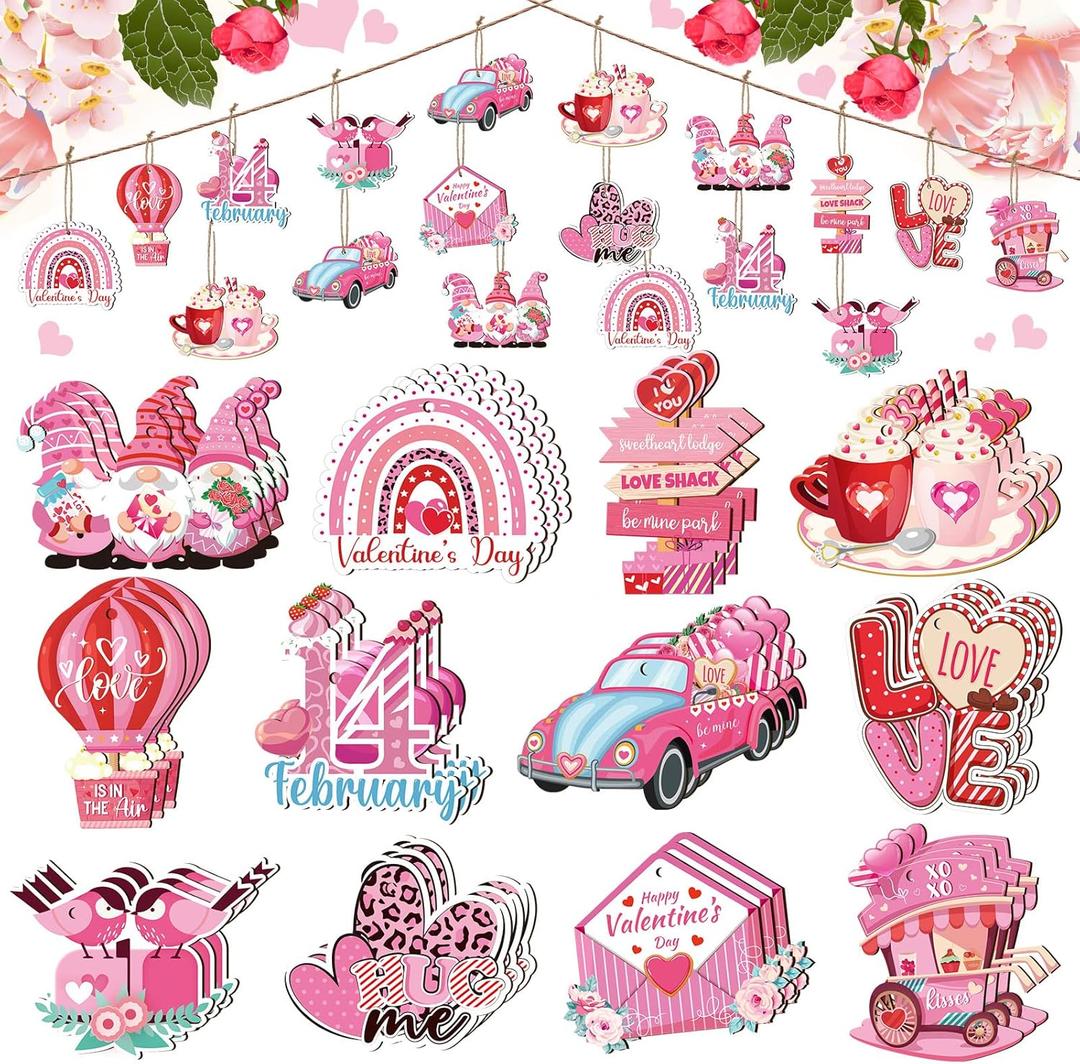 Glenmal 48 Pcs Valentine Day Wooden Ornaments Pink Valentine Tree Decorations Heart Gnome Truck Heart Love Hug Me Hanging Wood Cutouts Decor for Party Favors DIY Crafts(Love Style)