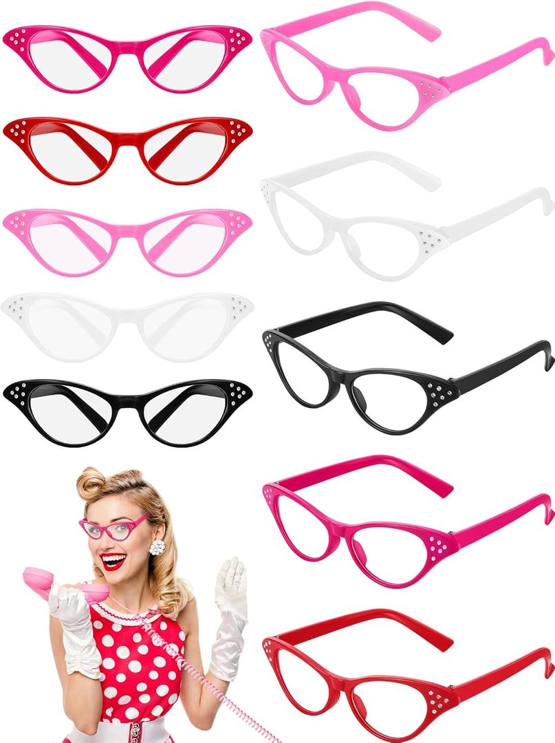 Dunzy 10 Pairs Cat Eye Rhinestone Glasses Retro 50s 60s Old Lady Glasses Carnival Sock Hop Party Decorations (Classic Color)