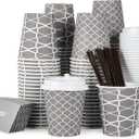 JOLLY PARTY [100 Sets] 10 oz Paper Coffee Cups, Disposable Coffee Cups with Lids, Sleeves and Straws, Hot Cold Beverage Drinking Cup for Water or Tea, To-Go Cups Suitable for Office and Travel
