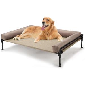 Veehoo Elevated Raised Dog Bed-Cooling Outdoor Dog Cot Bed for Large Sized Dogs Three-Sided Fence Raised Pet Cot with Mesh & No-Slip Feet Dog Hammock Bed with Removable Bolster-41 x 27" Beige Coffee